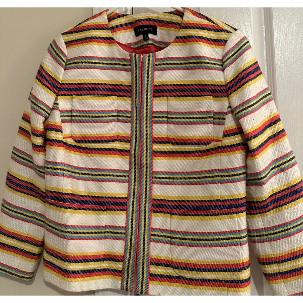 Talbots Womens Multi Color Striped Zip Front Textured Jacket Size 8 CA23147
